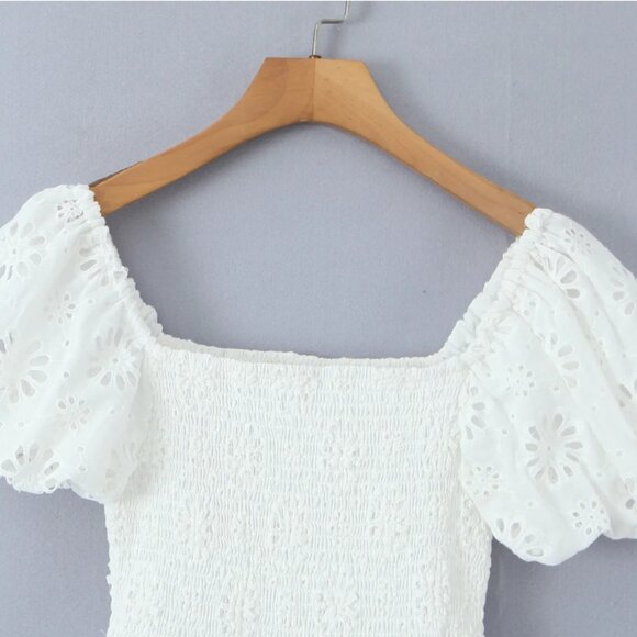 Women White Embroidery Hollow Out Hole Flower Short Puff Sleeve Mini Dress - Picture 4 of 16